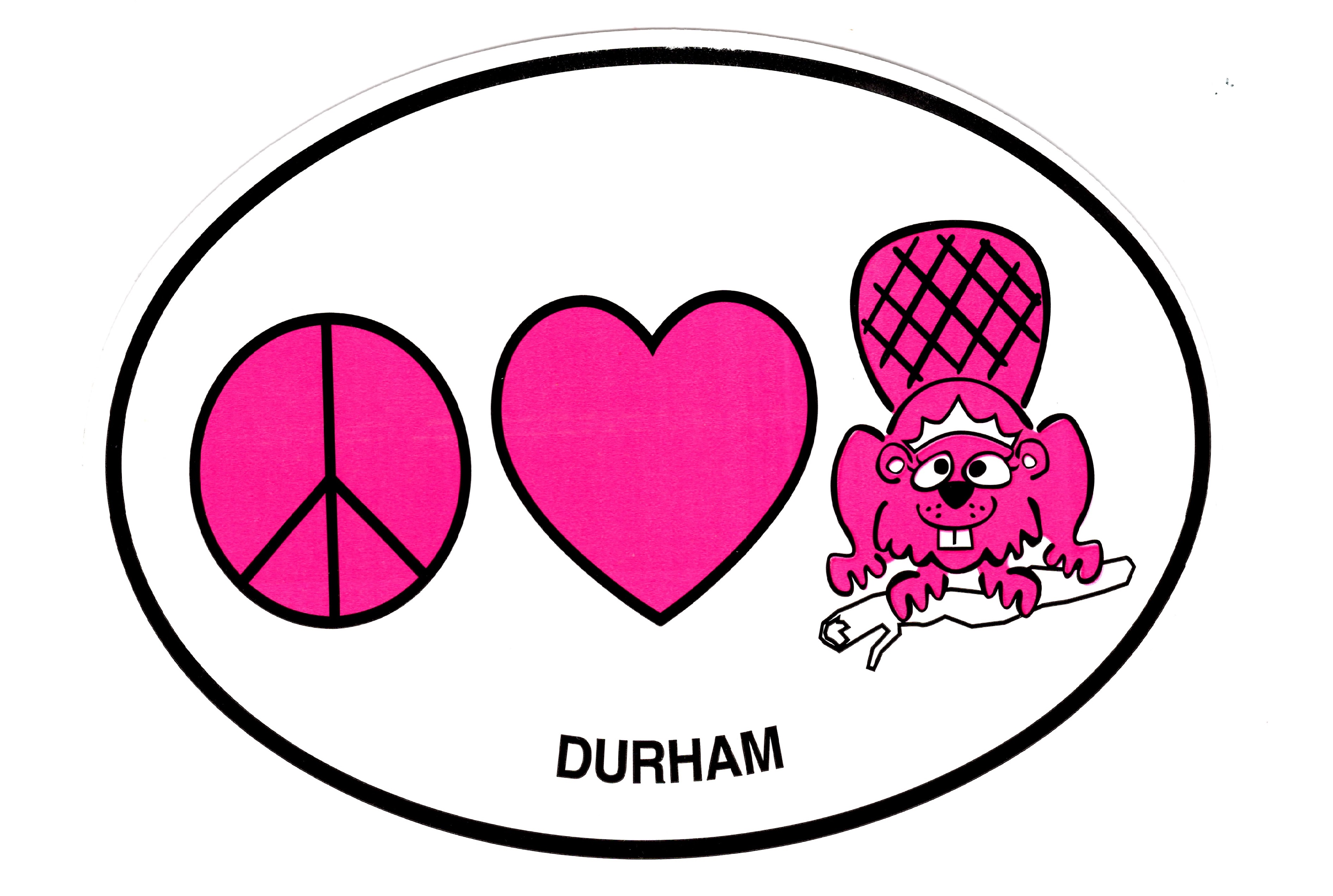 Picture of a sticker that has pink illustrations of a peace sign, a heart, and a beaver
