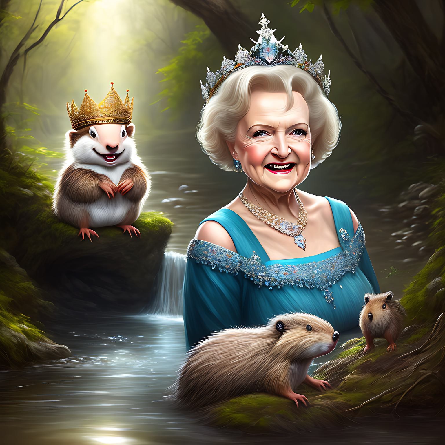 Illustration that looks like a painting of Betty White and a beaver just as big behind her. They're in front of a waterfall.