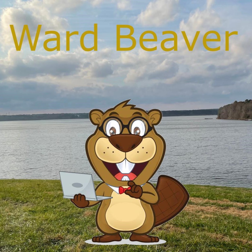 An illustrated beaver with a laptop and glasses
