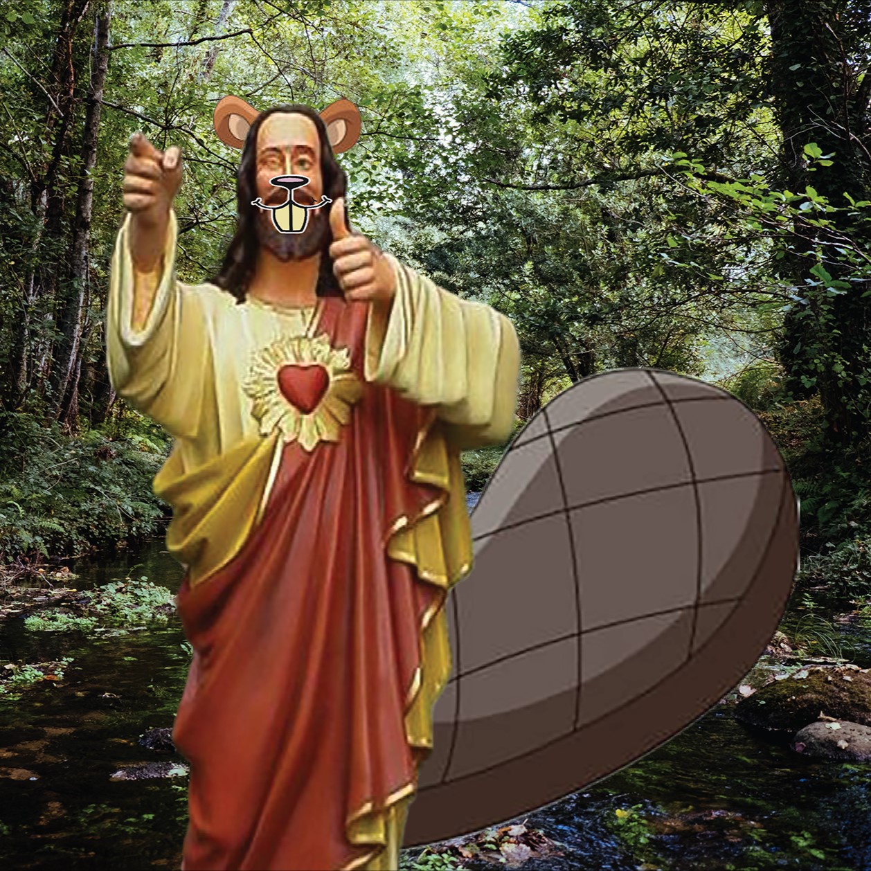 A jesus winking with nature in the background. There's a cartoon tail and buck teeth on the jesus